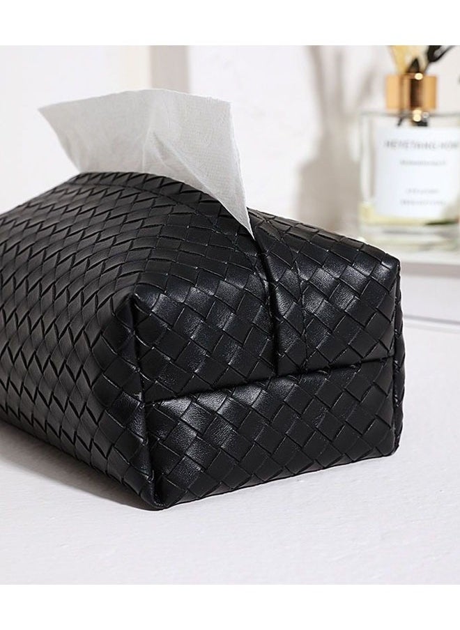 FLYROAD Tissue Box Cover Rectangle Cube Faux Pu Leather Woven Facial Box Covers Holder Tray Organizer for House Tabletop Office Car Bathroom Decorative(BLACK)  - Image 4