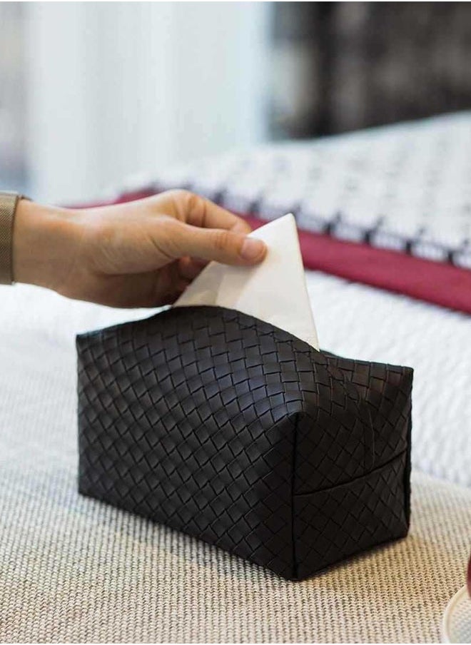 FLYROAD Tissue Box Cover Rectangle Cube Faux Pu Leather Woven Facial Box Covers Holder Tray Organizer for House Tabletop Office Car Bathroom Decorative(BLACK)  - Image 1