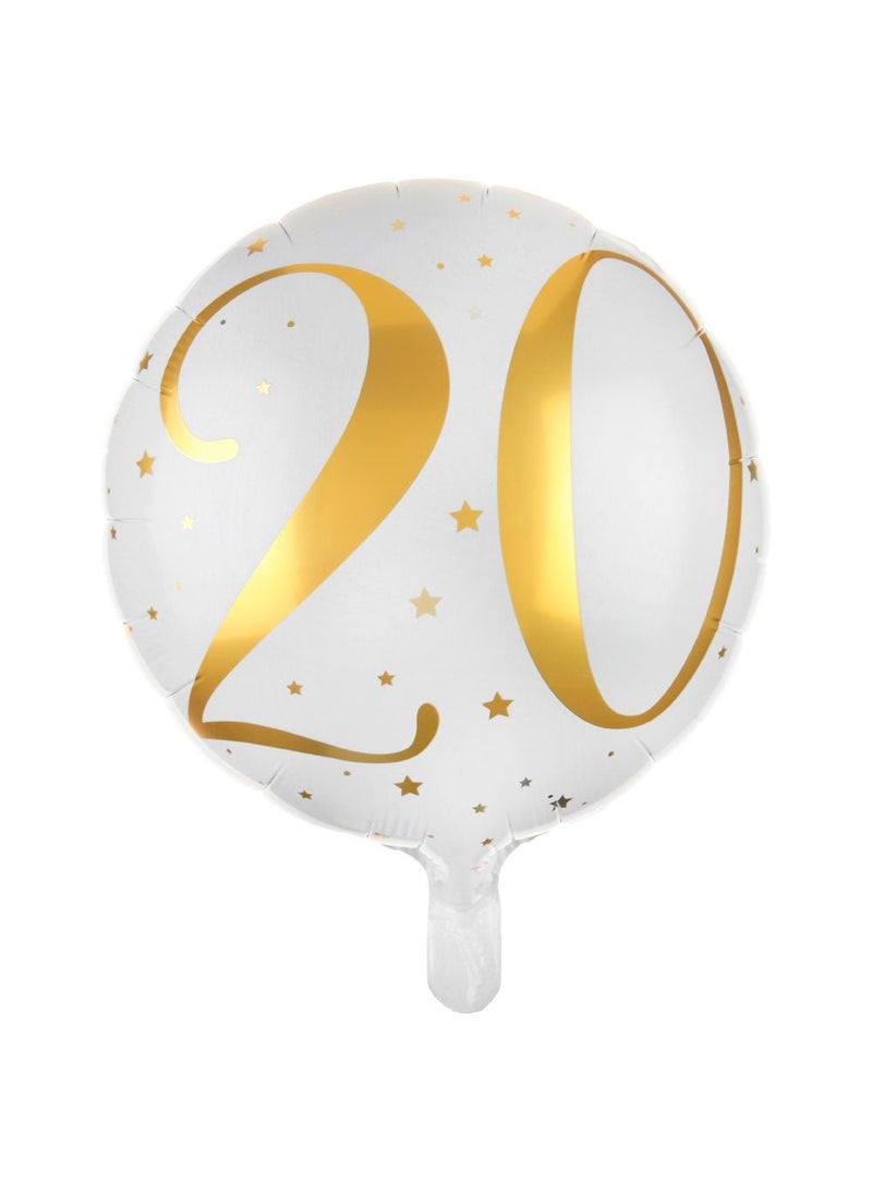 20-Years Birthday Anniversary Foil Balloon White Gold Stars 45cm