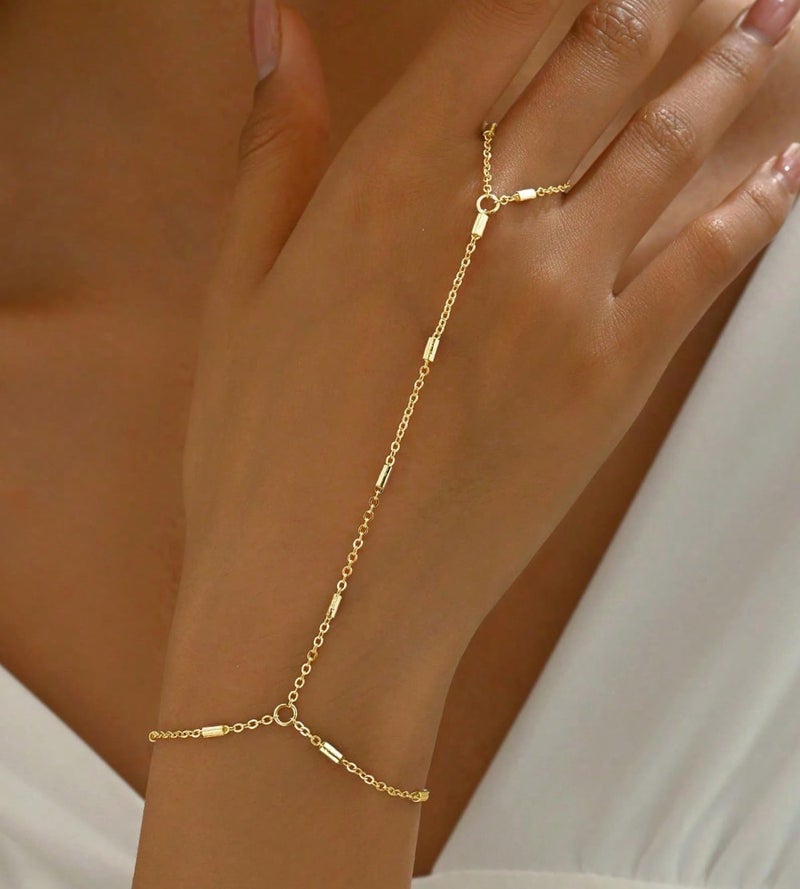 YEEZII Gold Hand Chain Bracelets for Women, 2 Pcs 14k Gold Plated Cubic Zirconia Link Chain Bracelet Set, Trendy ring bracelet hand chain Jewelry for Her (Gold-F) - Image 3