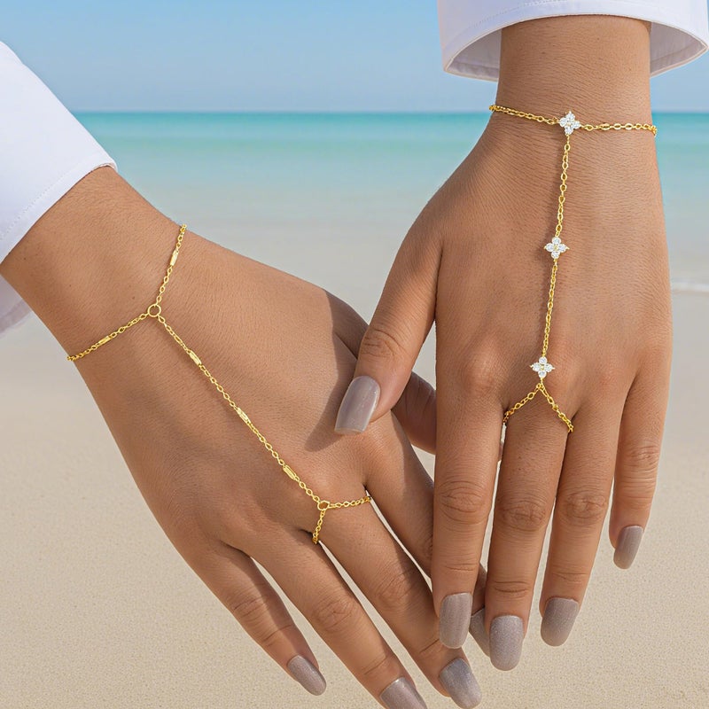 YEEZII Gold Hand Chain Bracelets for Women, 2 Pcs 14k Gold Plated Cubic Zirconia Link Chain Bracelet Set, Trendy ring bracelet hand chain Jewelry for Her (Gold-F) - Image 2