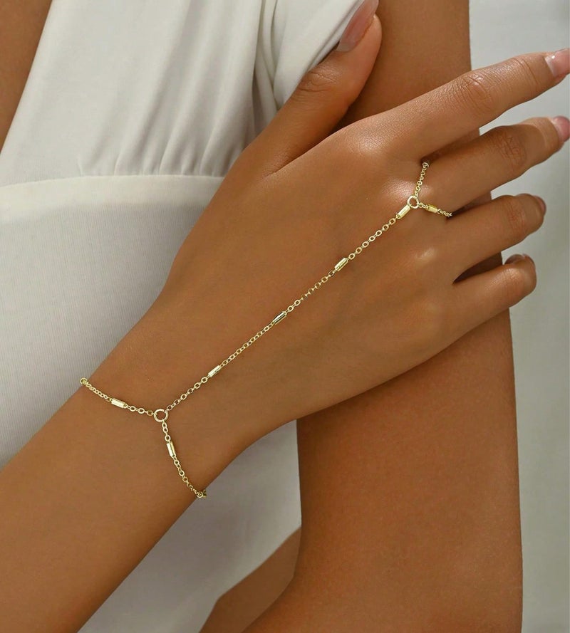 YEEZII Gold Hand Chain Bracelets for Women, 2 Pcs 14k Gold Plated Cubic Zirconia Link Chain Bracelet Set, Trendy ring bracelet hand chain Jewelry for Her (Gold-F) - Image 5