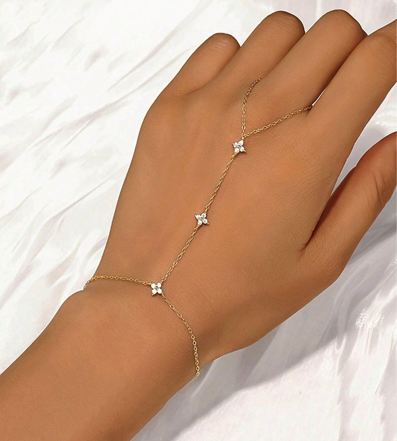 YEEZII Gold Hand Chain Bracelets for Women, 2 Pcs 14k Gold Plated Cubic Zirconia Link Chain Bracelet Set, Trendy ring bracelet hand chain Jewelry for Her (Gold-F) - Image 4