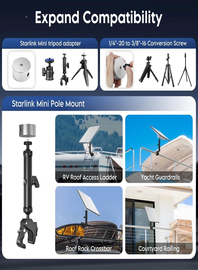 XLTTYWL 2025 Starlink Mini Pole Mount Kit, Aluminum Mini Starlink Tripod Adapter with 1/4"-20 & 3/8"-16 Thread and Adjustable Clamp Bracket for Star Link Mini Dishy RV, Camper, Roof Rack, Balcony - Image 5