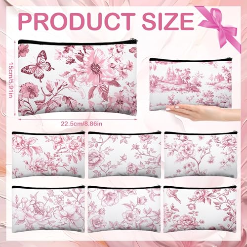 Stuffygreenus 16 Pcs Floral Cosmetic Bags Bulk for Women Pink and White Floral Makeup Bags Chinoiserie Canvas Travel Zipper Pouches Aesthetic Toiletry Bag for Girls Bridesmaids Wedding Supplies - Image 3