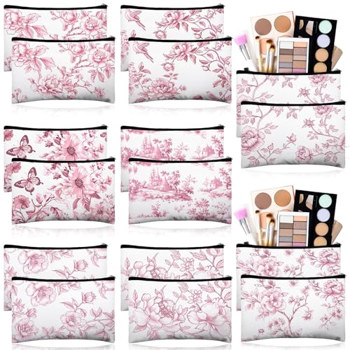 Stuffygreenus 16 Pcs Floral Cosmetic Bags Bulk for Women Pink and White Floral Makeup Bags Chinoiserie Canvas Travel Zipper Pouches Aesthetic Toiletry Bag for Girls Bridesmaids Wedding Supplies - Image 1