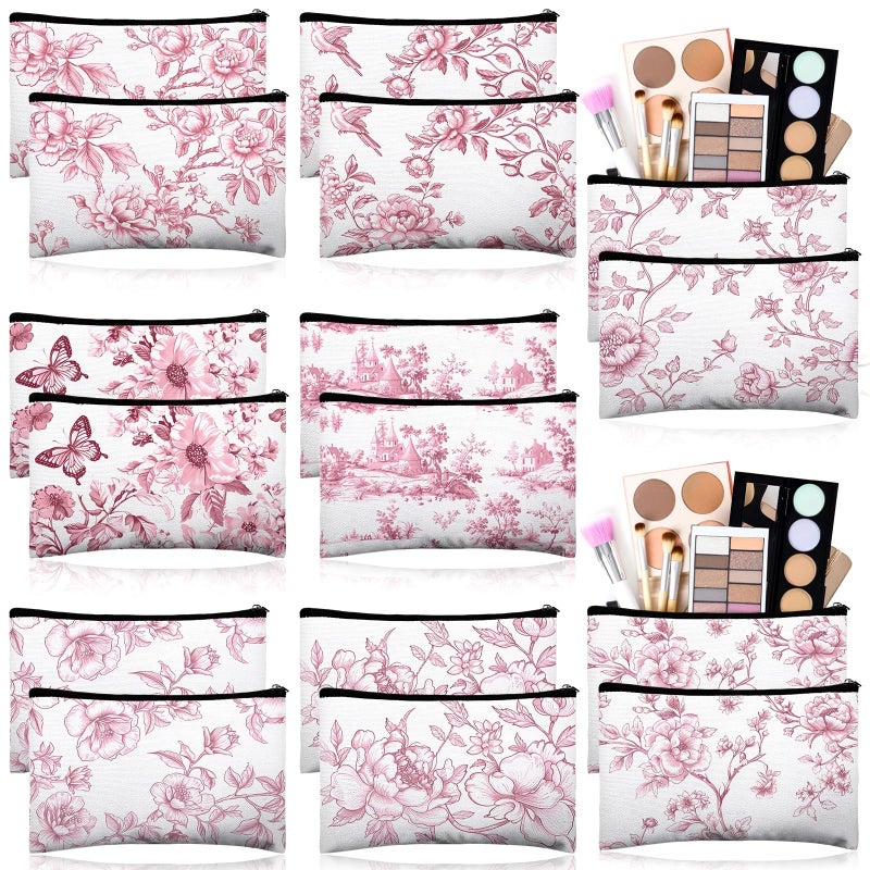 Stuffygreenus 16 Pcs Floral Cosmetic Bags Bulk for Women Pink and White Floral Makeup Bags Chinoiserie Canvas Travel Zipper Pouches Aesthetic Toiletry Bag for Girls Bridesmaids Wedding Supplies - Image 2