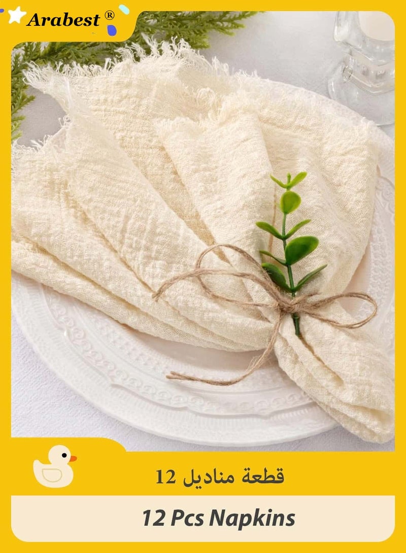 Arabest 12 Pcs Cotton Linen Cloth Napkins, Handmade Fringed Dinner Napkins 43x43cm, Soft Square Table Napkins for Weddings, Parties & Daily Use, Wedding Napkin Set in Beige, Rustic & Neutral Colors - Image 1
