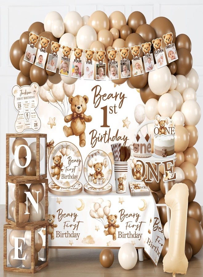 cocomigo 238 PCS Beary First Birthday Decorations, All-in-One Brown Bear Party Pack Service 20, With Banners, Backdrop, Cake Topper, Balloons, Plates and Napkins for Beary 1st Birthday Party - Image 1