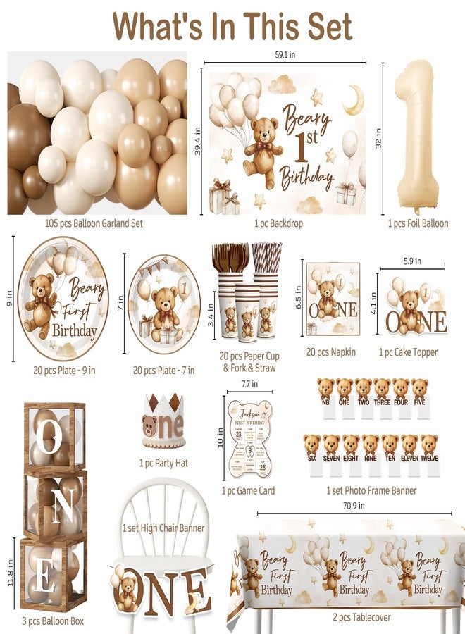 cocomigo 238 PCS Beary First Birthday Decorations, All-in-One Brown Bear Party Pack Service 20, With Banners, Backdrop, Cake Topper, Balloons, Plates and Napkins for Beary 1st Birthday Party - Image 4