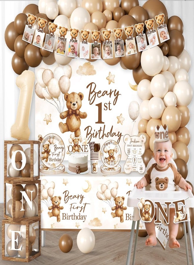 cocomigo 238 PCS Beary First Birthday Decorations, All-in-One Brown Bear Party Pack Service 20, With Banners, Backdrop, Cake Topper, Balloons, Plates and Napkins for Beary 1st Birthday Party - Image 2