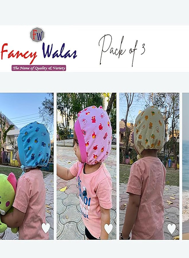 Fancy Walas قبعة قطنية ناعمة من فانسي والاس للأطفال حديثي الولادة من عمر 12-18 شهرًا، بنين وبنات، مصنوعة من قماش ناعم، ذات طبقتين، برباط، طقم قبعة للأطفال للجنسين/للرضع/قبعة/توبّي/كانكاب/ملابس (متعددة الألوان، 12-18 شهرًا، عبوة من 3 قطع) - Image 3