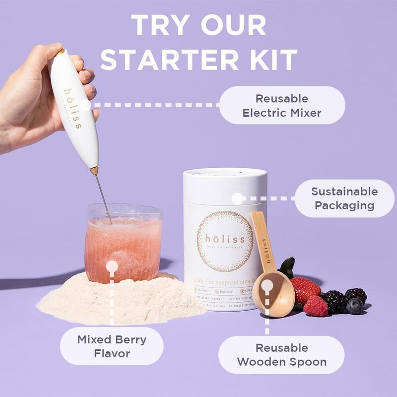 HOLISS Daily Gut Health Kit  6in1 All Natural Supplement Bloat  Gas Aid GI Lining Repair IBS Support  Lemon Balm LGlutamine PepZinGI Mixed Berry 30 Servings Electric Mixer  Spoon - Image 3