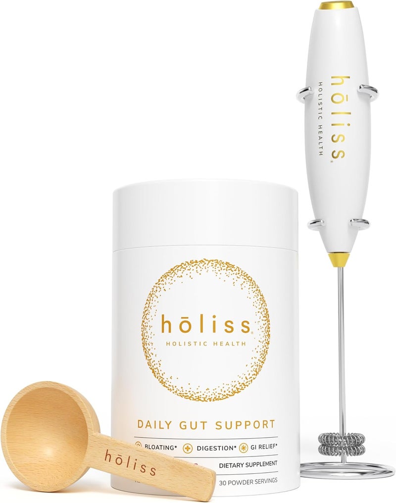 HOLISS Daily Gut Health Kit  6in1 All Natural Supplement Bloat  Gas Aid GI Lining Repair IBS Support  Lemon Balm LGlutamine PepZinGI Mixed Berry 30 Servings Electric Mixer  Spoon - Image 1
