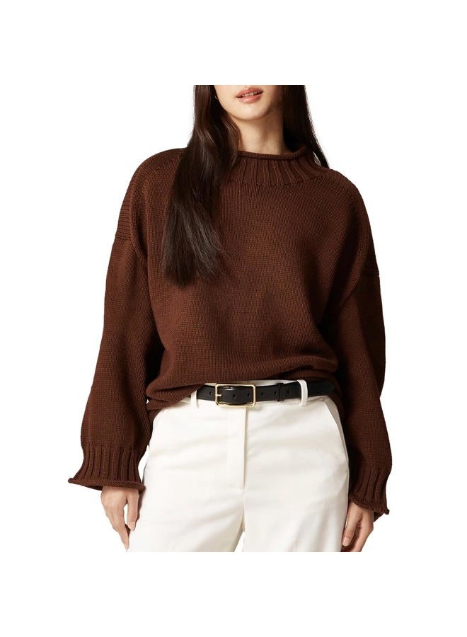 SeeLuNa Oversized Sweaters for Women Roll High Neck Hem Long Sleeve Soft Chunky Cable Knit Striped Pullover Tops Outerwear, Brown, XS - Image 1