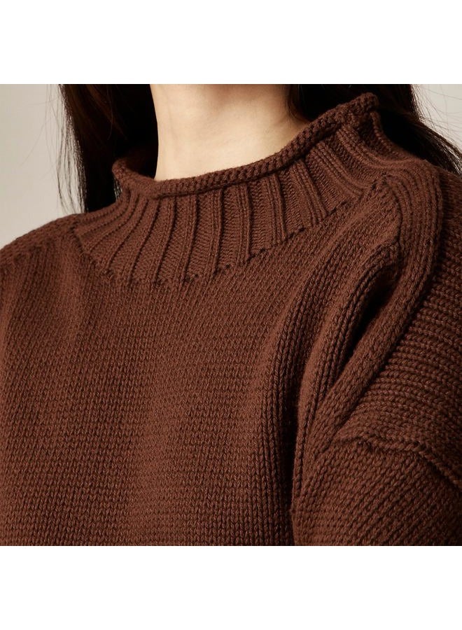 SeeLuNa Oversized Sweaters for Women Roll High Neck Hem Long Sleeve Soft Chunky Cable Knit Striped Pullover Tops Outerwear, Brown, XS - Image 3