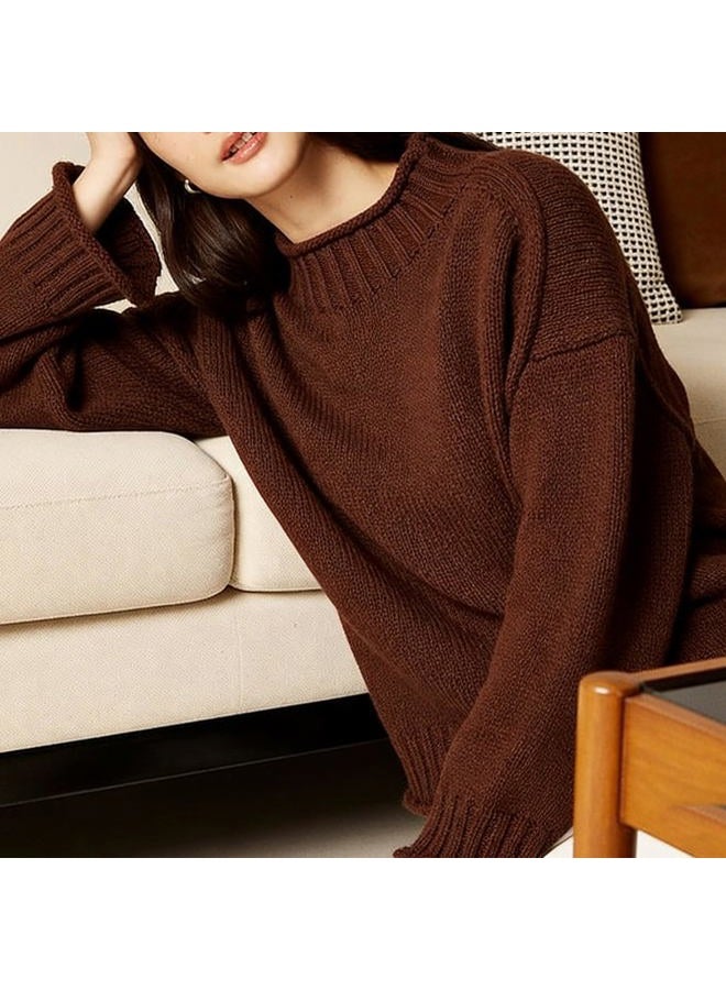 SeeLuNa Oversized Sweaters for Women Roll High Neck Hem Long Sleeve Soft Chunky Cable Knit Striped Pullover Tops Outerwear, Brown, XS - Image 4