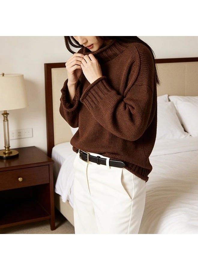 SeeLuNa Oversized Sweaters for Women Roll High Neck Hem Long Sleeve Soft Chunky Cable Knit Striped Pullover Tops Outerwear, Brown, XS - Image 5
