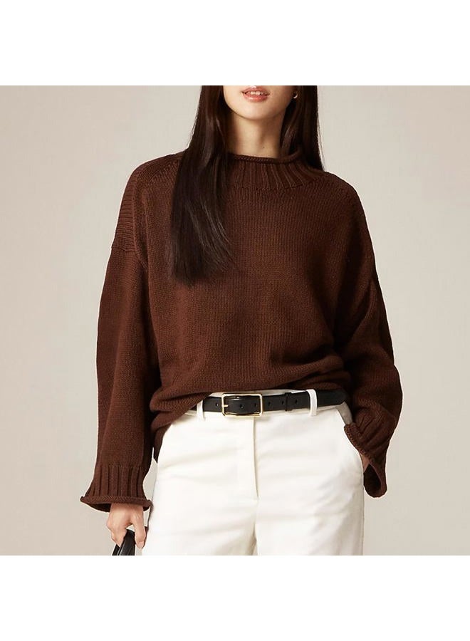 SeeLuNa Oversized Sweaters for Women Roll High Neck Hem Long Sleeve Soft Chunky Cable Knit Striped Pullover Tops Outerwear, Brown, XS - Image 2