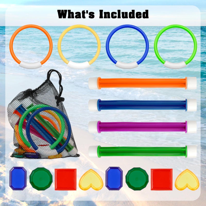 Leislam Pool Toys for Kids Ages 8-12 4-8, 16 PCS Pool Diving Toys for Kids Age 3-10, Summer Underwate Swimming Training Diving Rings Diving Sticks Diving Gems Set with Storage Bag for Water Games Toys Gifts - Image 3