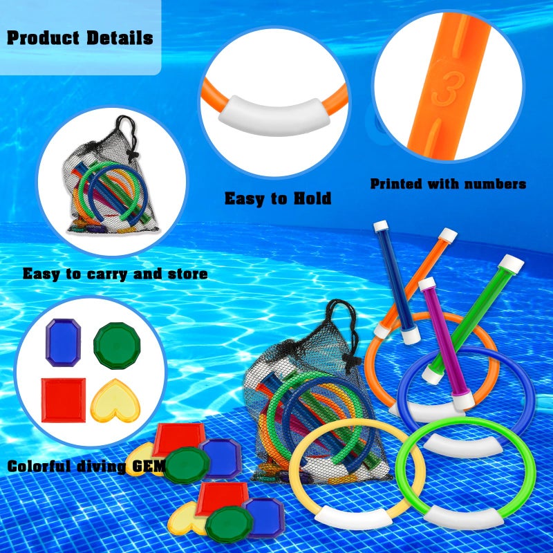 Leislam Pool Toys for Kids Ages 8-12 4-8, 16 PCS Pool Diving Toys for Kids Age 3-10, Summer Underwate Swimming Training Diving Rings Diving Sticks Diving Gems Set with Storage Bag for Water Games Toys Gifts - Image 4