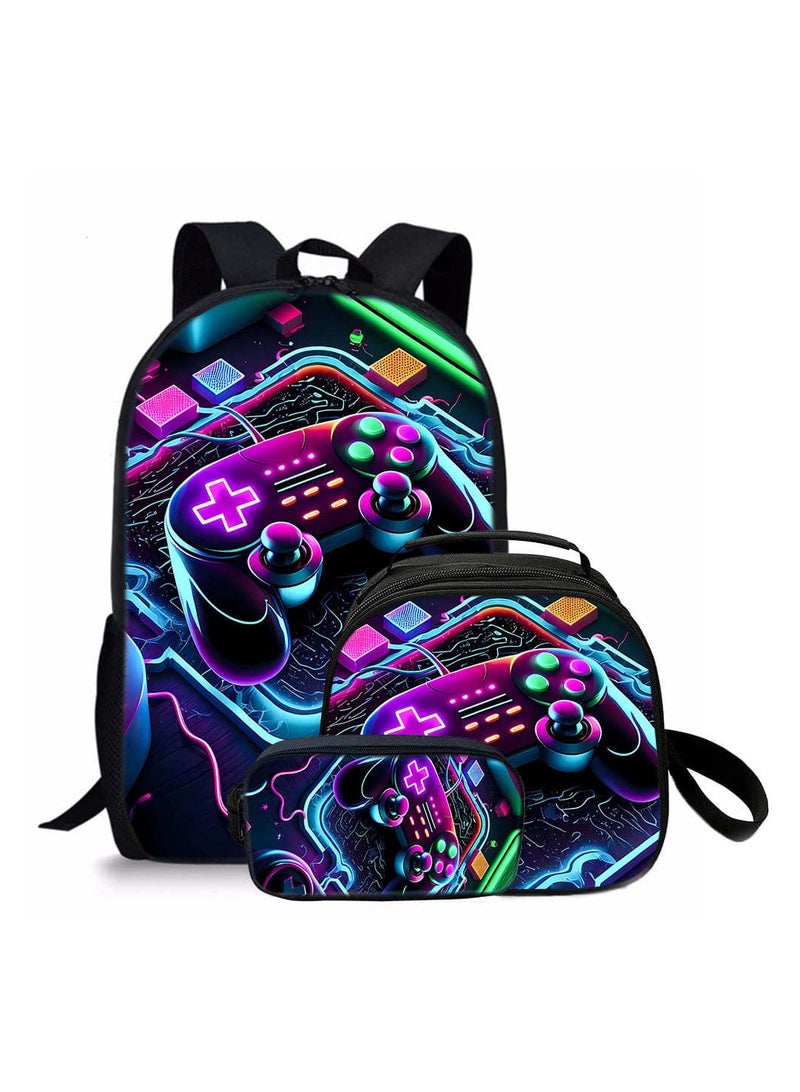 SKT Shiketro 3D Printed Game Console Controller Pattern School Bag Cartoon Cute Student Backpack 44*28*13CM+ Lunch Bag 20*20*12.5CM+ Pen Bag 22*11*5CM Three-piece Set - Image 1