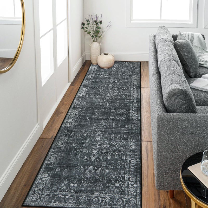 Morebes Black Rug Runners for Hallways with Rubber Backing Washable Vintage Floral 25x8 Entryway Runner Rug Distressed Indoor Floor Carpet Runner for Bathroom Laundry Room Bedroom