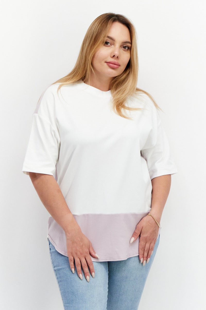 ESPRIT Women Round Neck Short Sleeve Two-Toned T-Shirt, White/Lavender - Image 1