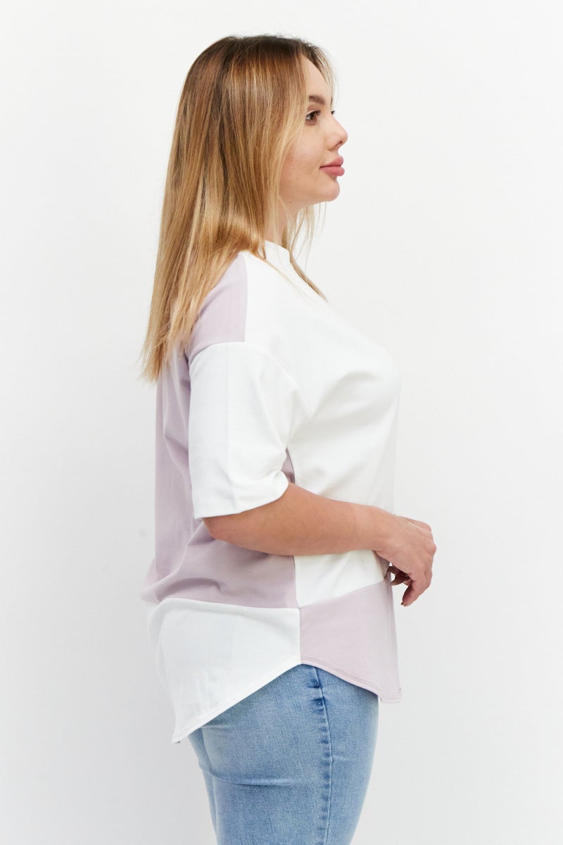 ESPRIT Women Round Neck Short Sleeve Two-Toned T-Shirt, White/Lavender - Image 3