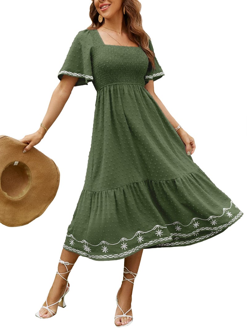 Glamaker Women's Short Sleeve Smocked Square Neck A Line Summer Flowy Midi Dress Grass Green Small - Image 1
