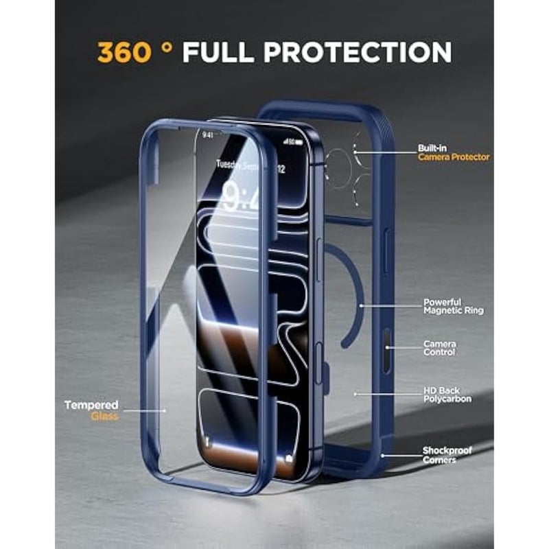 for iPhone 17 Pro Max Case 6.9 Full-Body Phone Case with Built-in Glass Screen Protector& Full Camera Protector,【Magnetic with MagSafe】 Drop Proof 17 ProMax Cover, Blue - Image 2