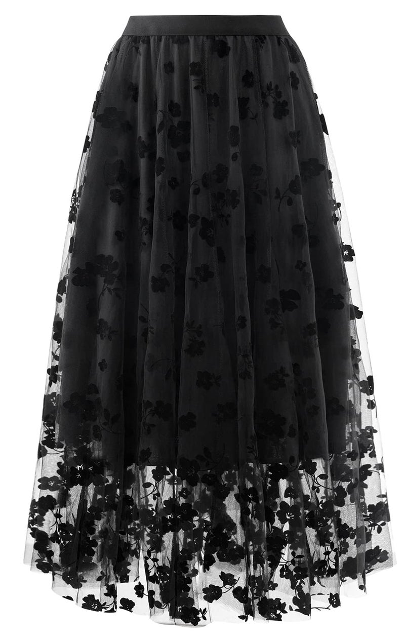 Reaowazo Skirts for Women Midi Long Length Dressy Casual Trendy Summer Tulle A-Line Floral High Waist Skirt Black 2XL-3XL - Image 1