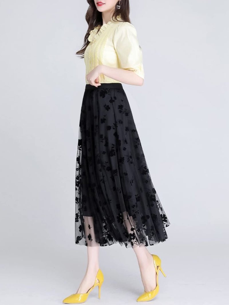 Reaowazo Skirts for Women Midi Long Length Dressy Casual Trendy Summer Tulle A-Line Floral High Waist Skirt Black 2XL-3XL - Image 3