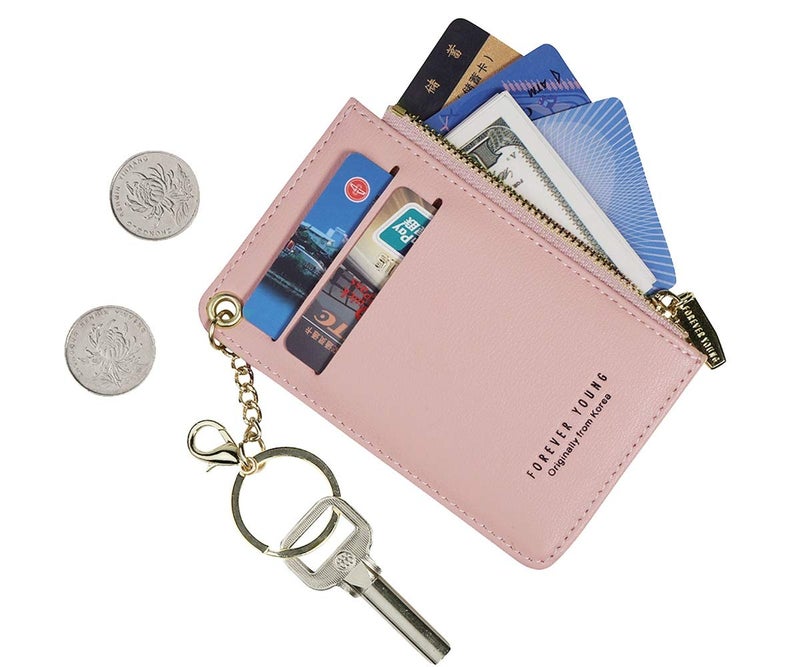 Prometheism Small Wallets for Women Slim Leather Card Case Holder Wallet Coin Change Purse with Keychain (Light pink) - Image 1
