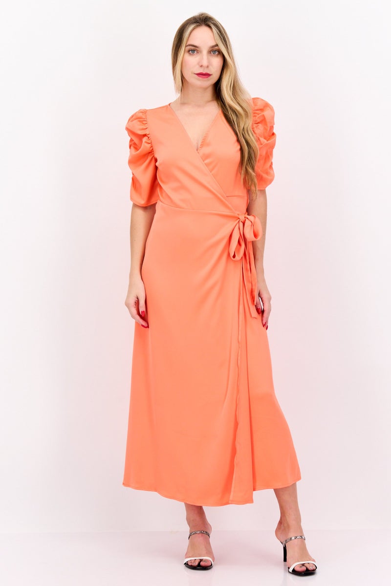 YAS Women Plain Wrap Dress, Bright Orange - Image 1