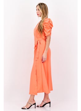 Y.A.S Women Plain Wrap Dress, Bright Orange  - Image 3