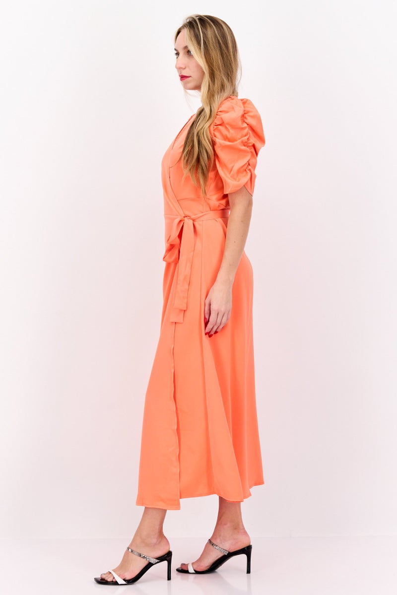 YAS Women Plain Wrap Dress, Bright Orange - Image 3