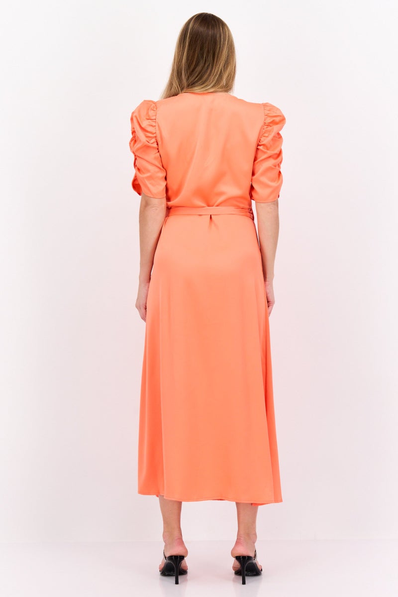 YAS Women Plain Wrap Dress, Bright Orange - Image 4