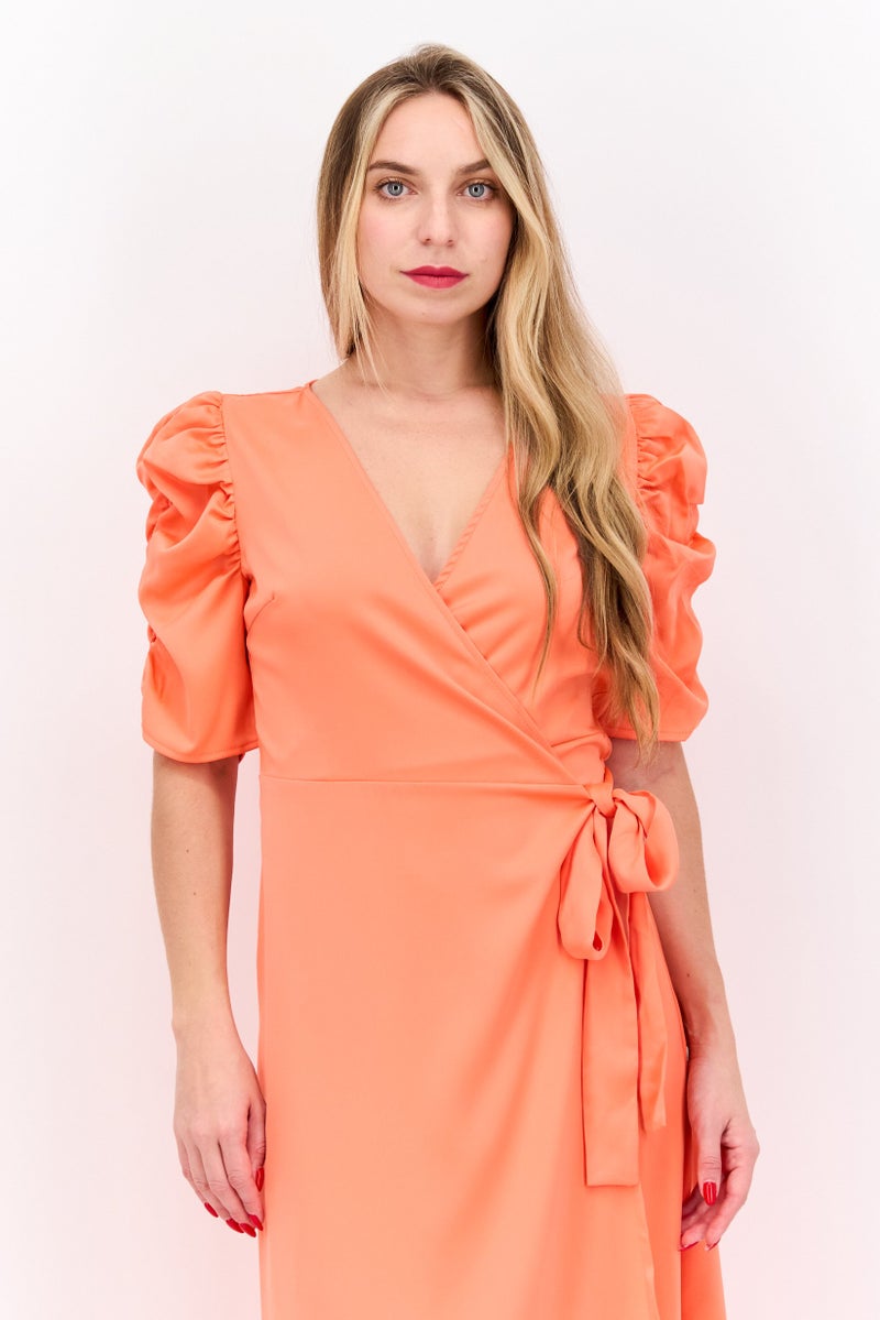 YAS Women Plain Wrap Dress, Bright Orange - Image 2