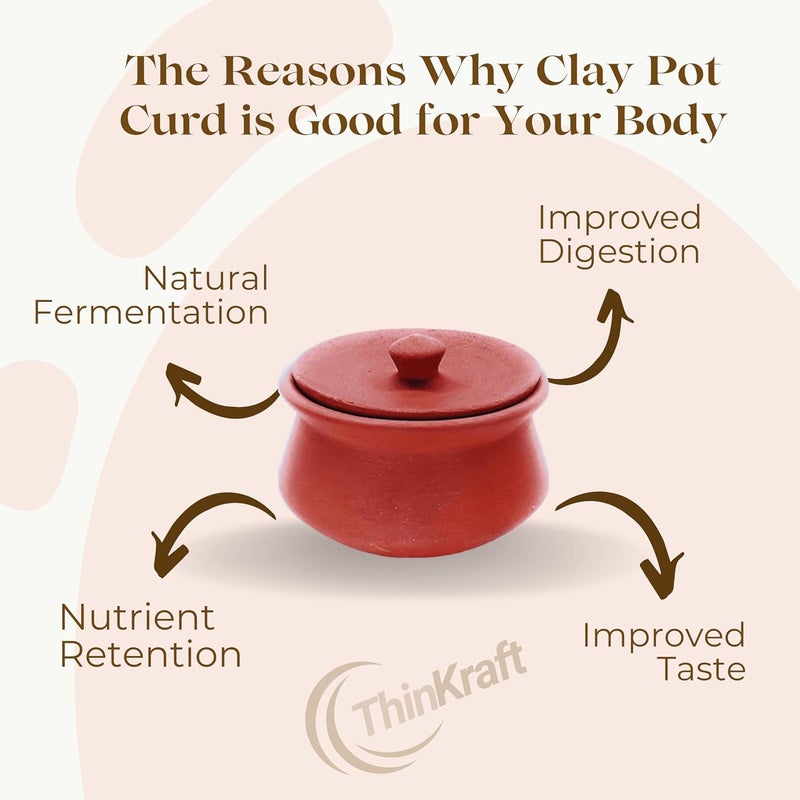 ThinKraft ThinKraft Terracotta Clay Mini Pot with Lid for Curd Yogurt Bowl Small Mitti Dahi Handi Earthenware Brown 300 ML - Image 4
