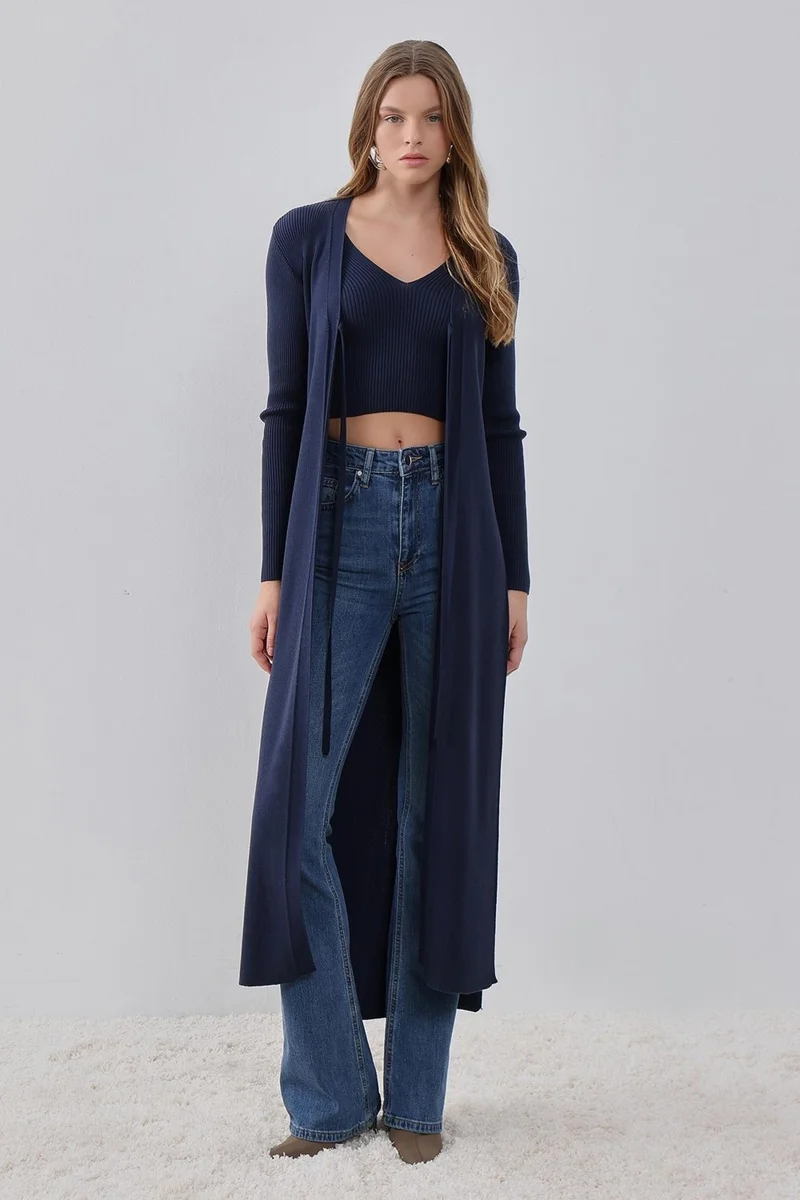Pieces Of Melon Navy Blue Side Slit Long, Tie Detailed Knitwear Cardigan