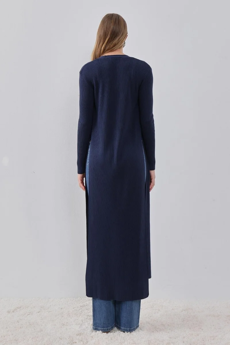 Pieces Of Melon Navy Blue Side Slit Long, Tie Detailed Knitwear Cardigan