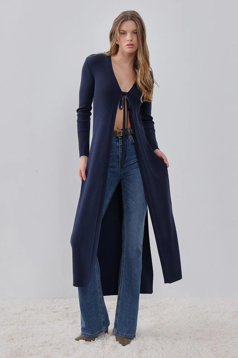 Pieces Of Melon Navy Blue Side Slit Long, Tie Detailed Knitwear Cardigan