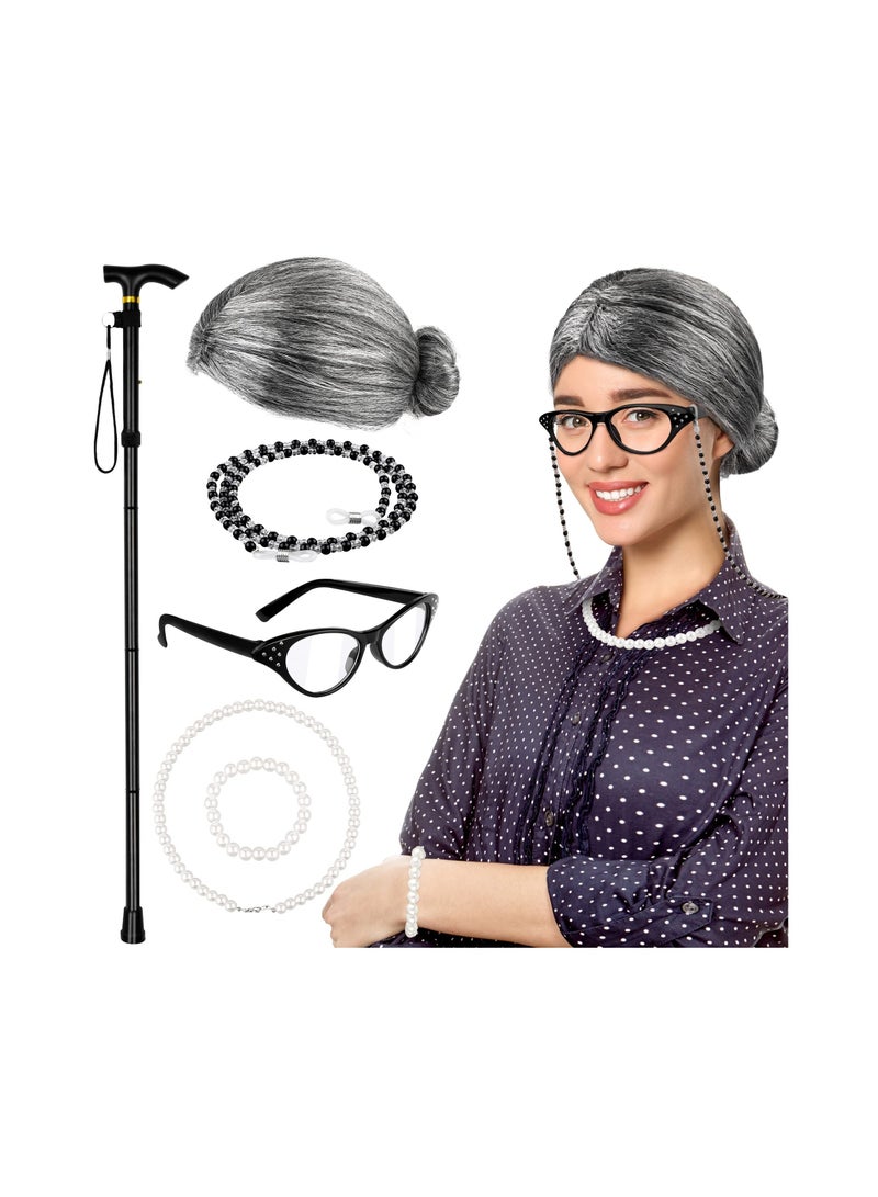 6 Pieces 100 Days of School Old Lady Wig Set Granny Cosplay Wig Granny Hair Glasses Cane Pearl Necklace Bracelet  Dress Up Party, Dark Gray  - Image 1