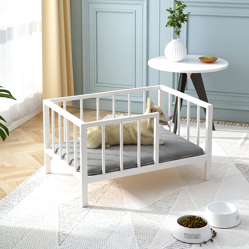 OSCHF Dog Bed with Rails - Elevated Pet Metal Bed Frame with Solid Wood Board and Washable Soft Mat for Small Dog Indoor or Outdoor Use, 21.3" x 30 ", White - Image 1