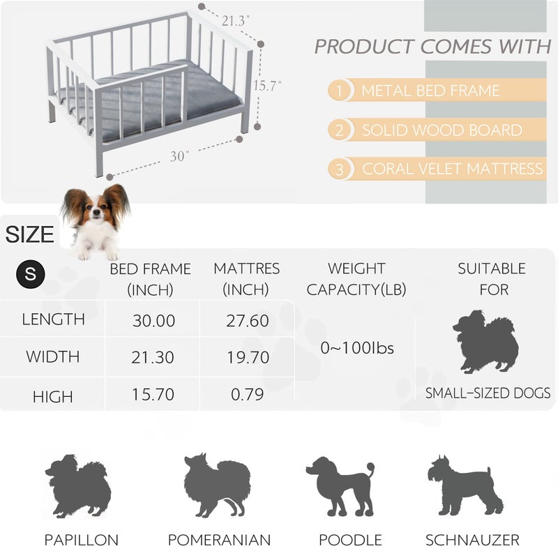 OSCHF Dog Bed with Rails - Elevated Pet Metal Bed Frame with Solid Wood Board and Washable Soft Mat for Small Dog Indoor or Outdoor Use, 21.3" x 30 ", White - Image 2