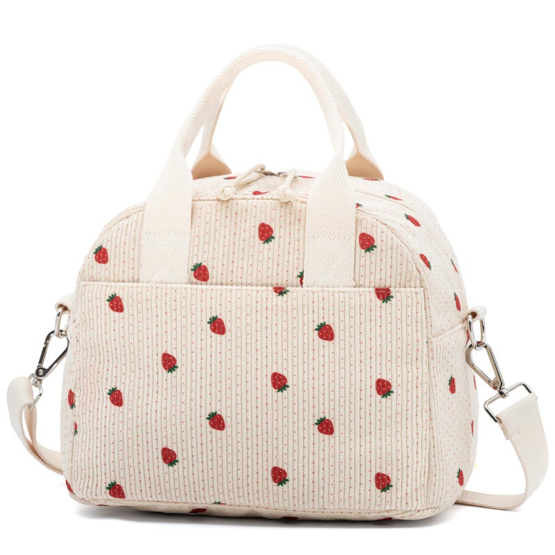 LOVELYWIND Crossbody Strawberry Lunch Bag for Women, Insulated Corduroy Tote with Adjustable Strap, Water Resistant Lunch Box for Work, Picnic, Travel or Beach, Beige Cream Reusable Lunch Box - Image 1