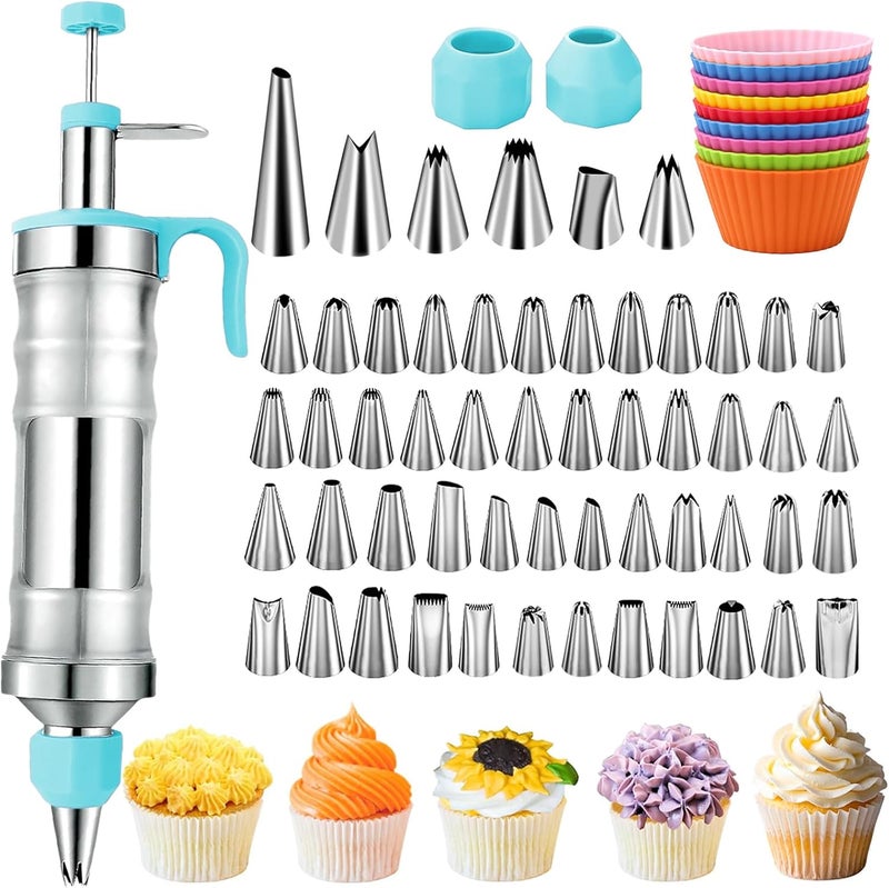Suuker Dessert Decorating Syringe Set, Frosting Piping Kit Stainless Steels Cake Decorating Tools with 54 Piping Tips, 9 Silicone Baking Cups, Cupcake Decorating Kit - Image 1