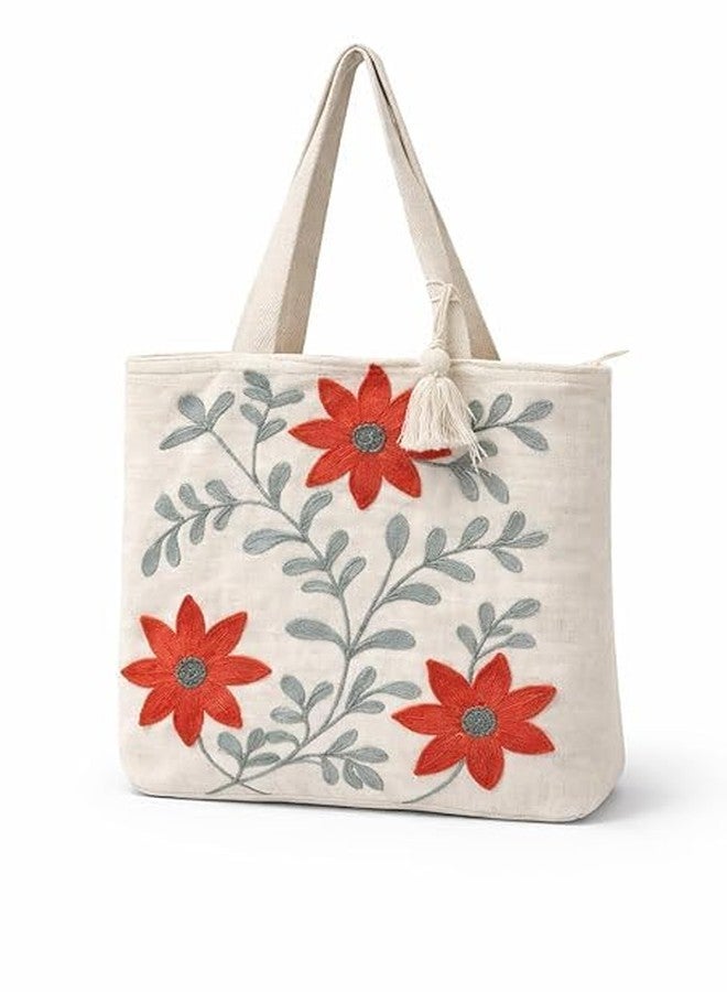 Blenzza Deco™ Canvas Natural Cotton Trendy Pattern Embroidery Work Shoulder 1 Tote Bag for Women Best for College, Shopping, Daily Use (16X16Inch) (Design 3) - Image 1