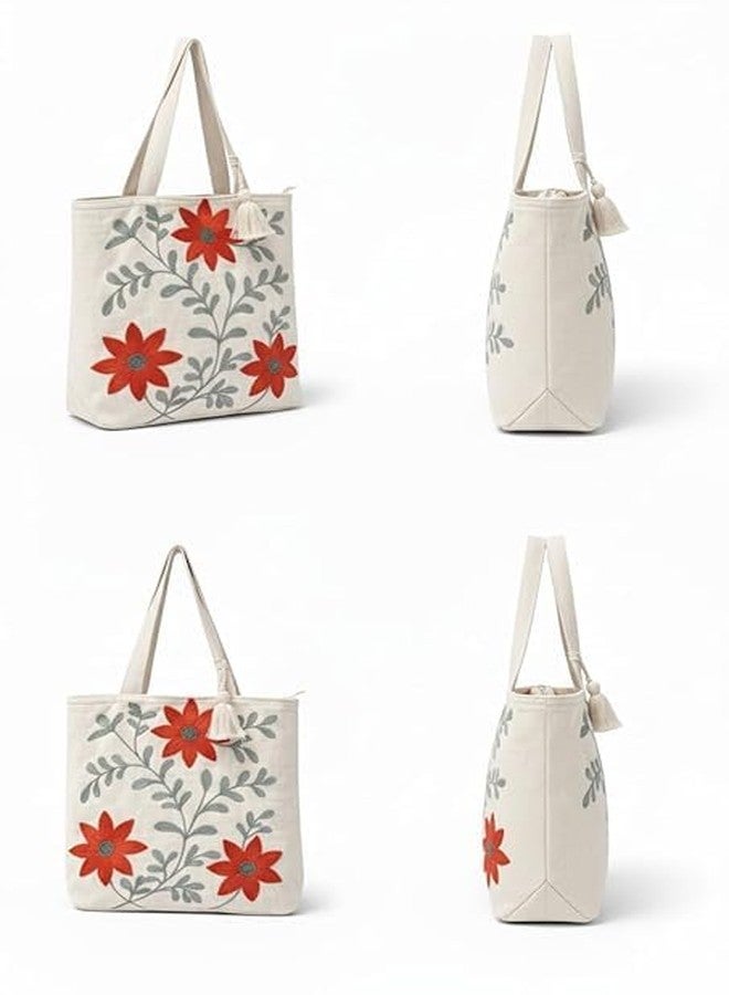 Blenzza Deco™ Canvas Natural Cotton Trendy Pattern Embroidery Work Shoulder 1 Tote Bag for Women Best for College, Shopping, Daily Use (16X16Inch) (Design 3) - Image 2